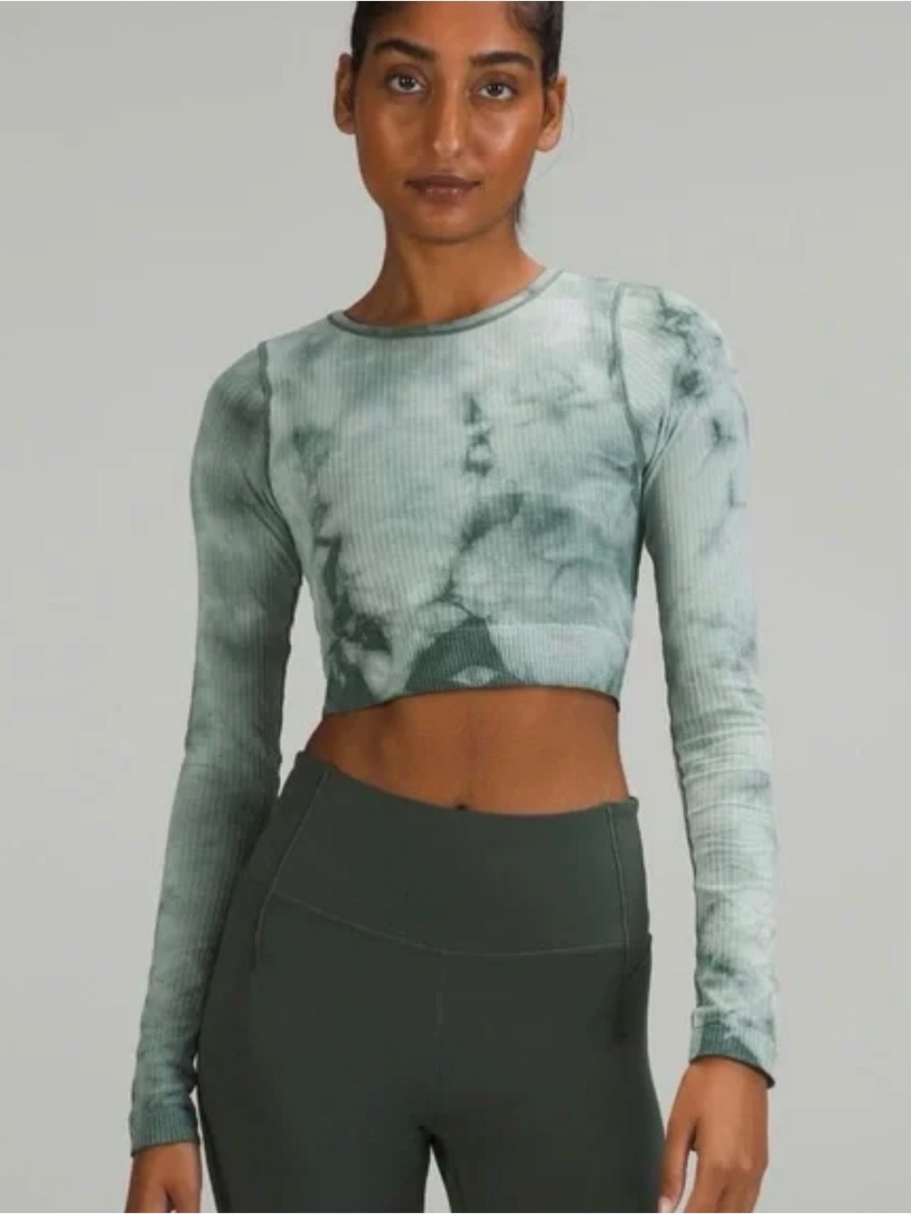 Lululemon Athletica Sage Green Tie-Dye Ribbed Long-Sleeve Crop Top